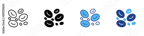 Collection of stylized cells or oval shapes icon set black outline solid fill blue outline and dark blue fill variations simple abstract organic forms