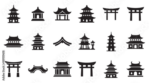 Collection of traditional japanese and chinese architectural elements including pagodas gates and temple buildings in a clean black and white silhouette vector graphic