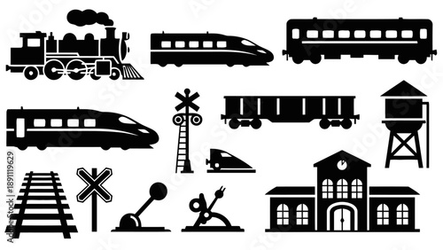 Collection of train and railway icons featuring locomotives train cars tracks signals and station for transportation and travel themes