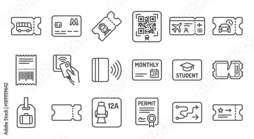 Collection of travel and ticket icons, including transportation passes, boarding passes, access cards, and permits, for ticketing systems and travel planning.
