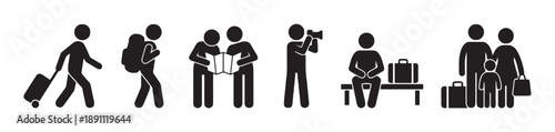 Collection of travel and tourism pictogram icons in silhouette style depicting activities like traveling with luggage reading maps taking photos and waiting at a bench for transportation.