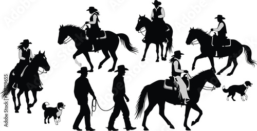 Black silhouettes of cowboys riding horses and walking with dogs cowboy, horse, dog, silhouette, black, white, background, riding, walking, hat, vest, saddle, reins, bridle, equestrian, western, ranch