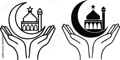 Ramadan two hands cradling a crescent moon and a mosque, black and white sketch, minimalist, vector illustration