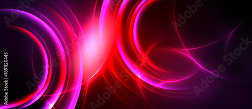 Abstract vibrant light streaks, curves, circles. Dark background emphasizes glowing pink, red energy. Modern digital art.