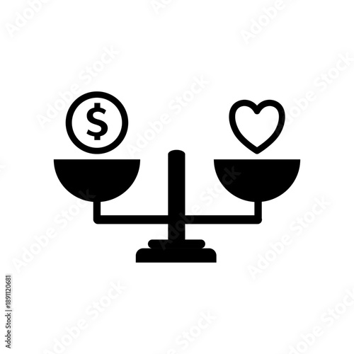Balance between heart and money on scales as a symbol of work life balance, vector icon