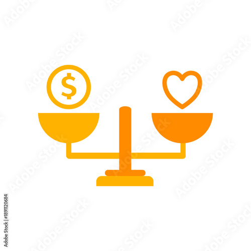 Balance between money and heart on scales as a symbol of work life balance, vector icon