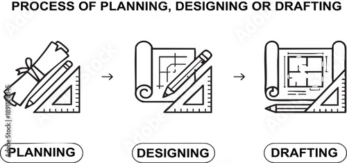 Vector illustration of planning designing drafting process with tools and blueprint