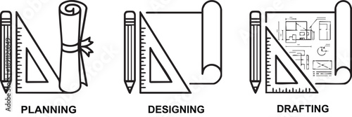 Vector graphic illustrating planning designing and drafting with tools and scrolls on white background