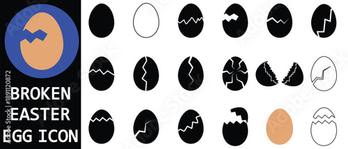 Broken Easter egg icon set, Silhouette Broken eggs vector icons. Ester eggs shell. Cracked egg icons collection. Ester eggs icon set vector on white background. Vector illustration.