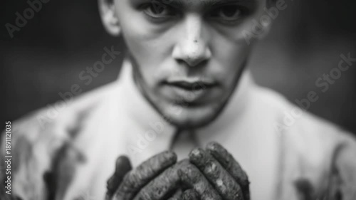 4K Black and white portrait of a young person with soil in this hands praying, symbolizing praying, symbolizing struggle video