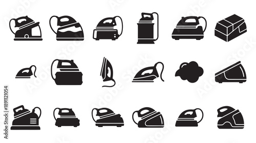 Collection of various steam irons and ironing accessories in black silhouette for laundry and home appliance related designs