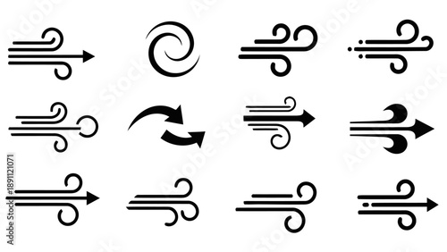 Collection of wind icons and arrows representing air flow gust and movement abstract weather symbols for design and illustration purposes