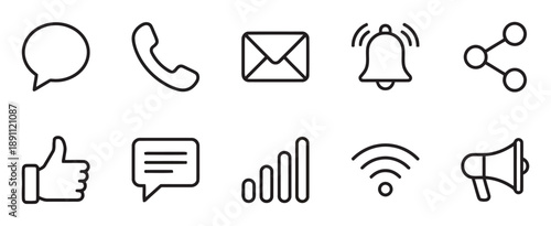 Communication and social media icons set, including speech bubble, phone, envelope, notification bell, share, like, chat, signal bars, wifi, and megaphone