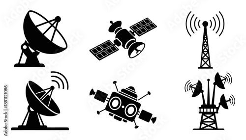 Communication technology icons showing satellite dishes orbiting satellites and transmission towers symbolizing global connectivity and wireless networks