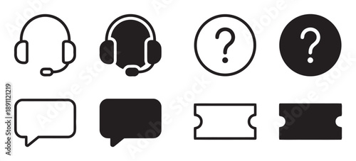 Customer support and communication icons featuring headsets question marks chat bubbles and tickets for help desk and service concept design elements