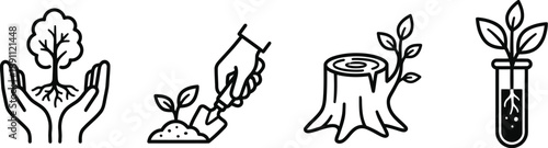 Ecological restoration line art icons for sustainable environment design