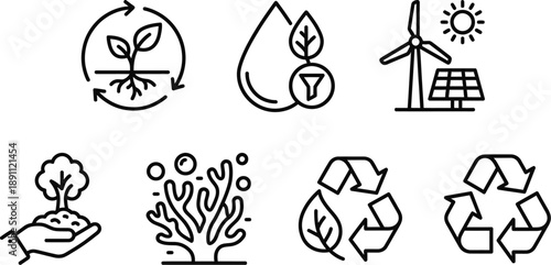 Ecological restoration line art icons for sustainable environment design