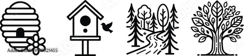 Ecological restoration line art icons for sustainable environment design