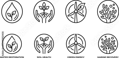 Ecological restoration line art icons for sustainable environment design
