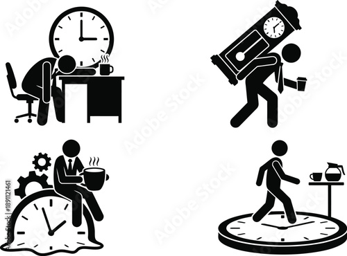 Tired office worker with giant clock and coffee cup