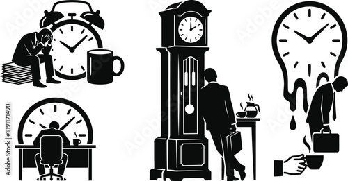 Tired office worker with giant clock and coffee cup