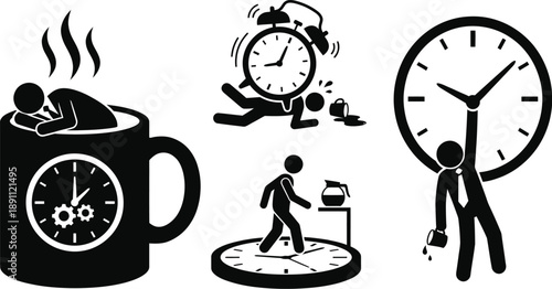 Tired office worker with giant clock and coffee cup