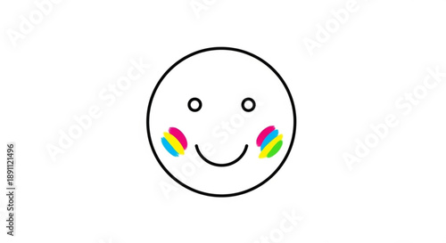 Smiling face with rainbow colored blush on cheeks simple black outline on white background