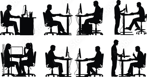 Silhouettes of people working at desks with computers in various office settings