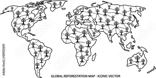 Reforestation map illustration with green tree icons