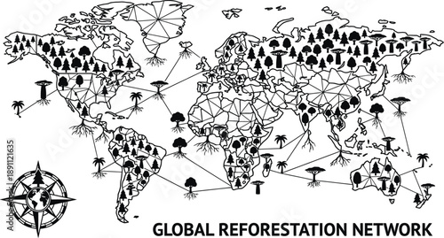 Reforestation map illustration with green tree icons