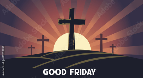 Good Friday Crucifixion Scene with Three Crosses at Sunrise Illustration