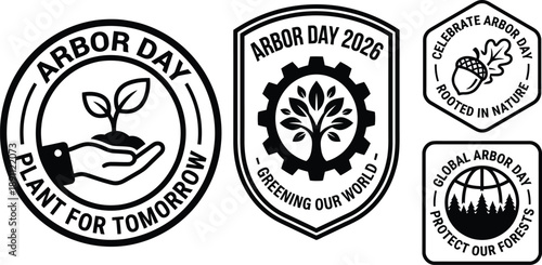 Arbor day badge and sticker design set with trees