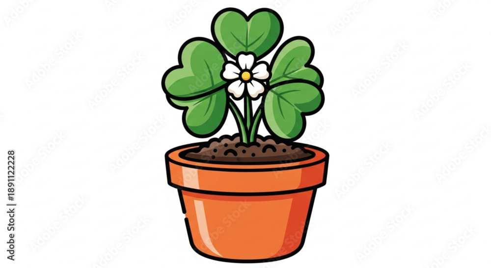 Fototapeta premium A cartoon four leaf clover plant with white flowers in a small orange terracotta pot on a plain background