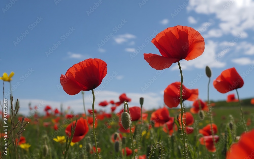 Fototapeta premium Field of vibrant red poppies blooming under a bright blue sky with scattered clouds, close-up on flowers and buds.
