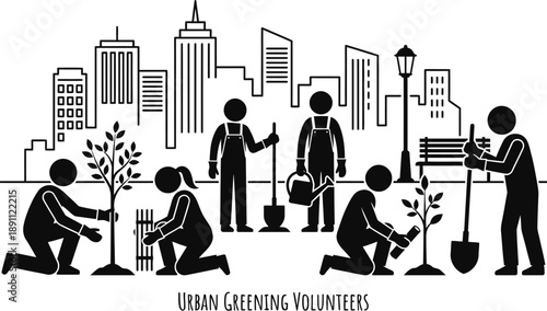 Volunteer group planting trees in urban green space vector