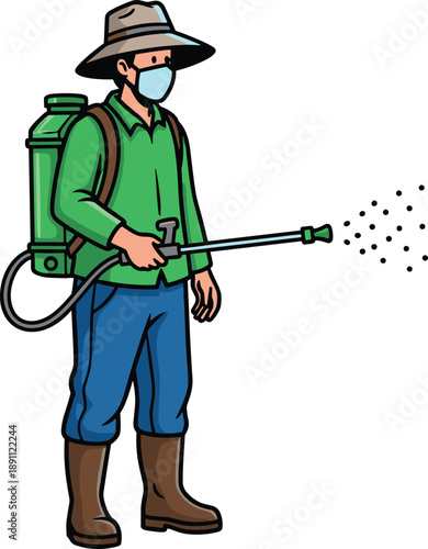 Person in green shirt and blue pants spraying pesticide with a backpack sprayer while wearing a face mask and hat