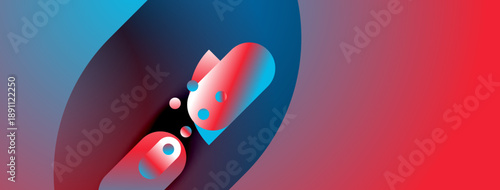 Abstract design features flowing shapes, vibrant bluered gradient. Circles suggest movement, depth within composition. Modern, dynamic visual.