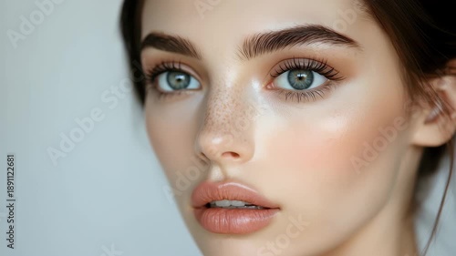 Brunette with striking features showcasing positivity and generosity in a side view portrait against a soft neutral background