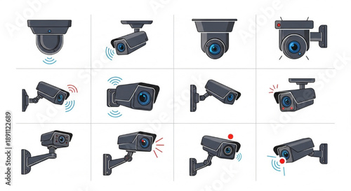 Professional CCTV Security Camera Icon Set with Dome, Bullet, and Wireless Surveillance System Symbols