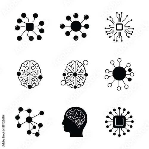 Nine black and white representing artificial intelligence and neural networks brain technology