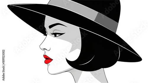 Woman wearing a black hat, illustration of a female profile with red lips