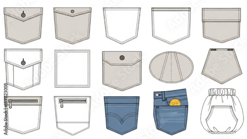Collection of various pocket designs and styles displayed in a grid layout
