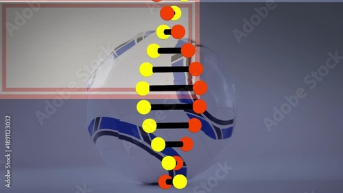 Animation of dna structure spinning over close up of soccer ball against grey background