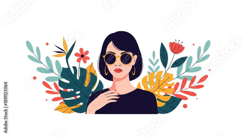 Woman wearing sunglasses surrounded by vibrant floral elements and foliage in an illustrative style
