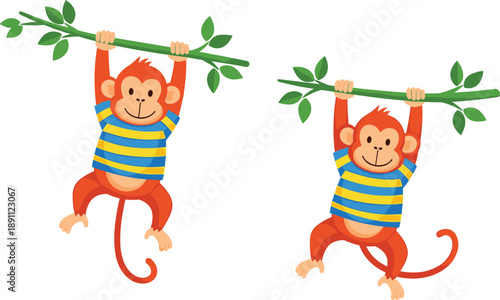 Two cartoon monkeys in blue and yellow striped shirts hanging from green branches