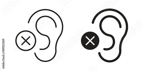 Deafness icon set, ear symbol with crossed circle, outline and solid fill, indicating hearing loss, no sound, silent, or blocked ear concept, vector graphic element.