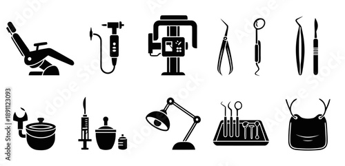 Dental clinic equipment and tools set in black silhouette, featuring chair, x-ray, syringe, and instruments