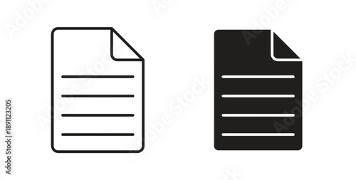 Document icon outline and filled version with lines representing paper sheet for text information data file record or report symbol