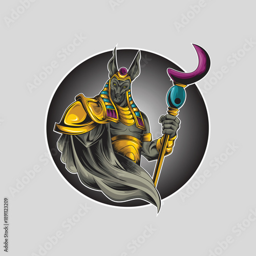 Ancient Egyptian God Anubis Illustration with Golden Armor and Scepter