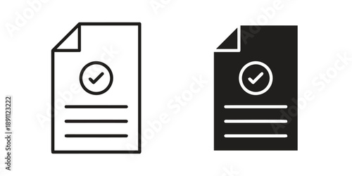Document icons with checkmarks in outline and filled versions indicating completion approval and verification for forms and reports